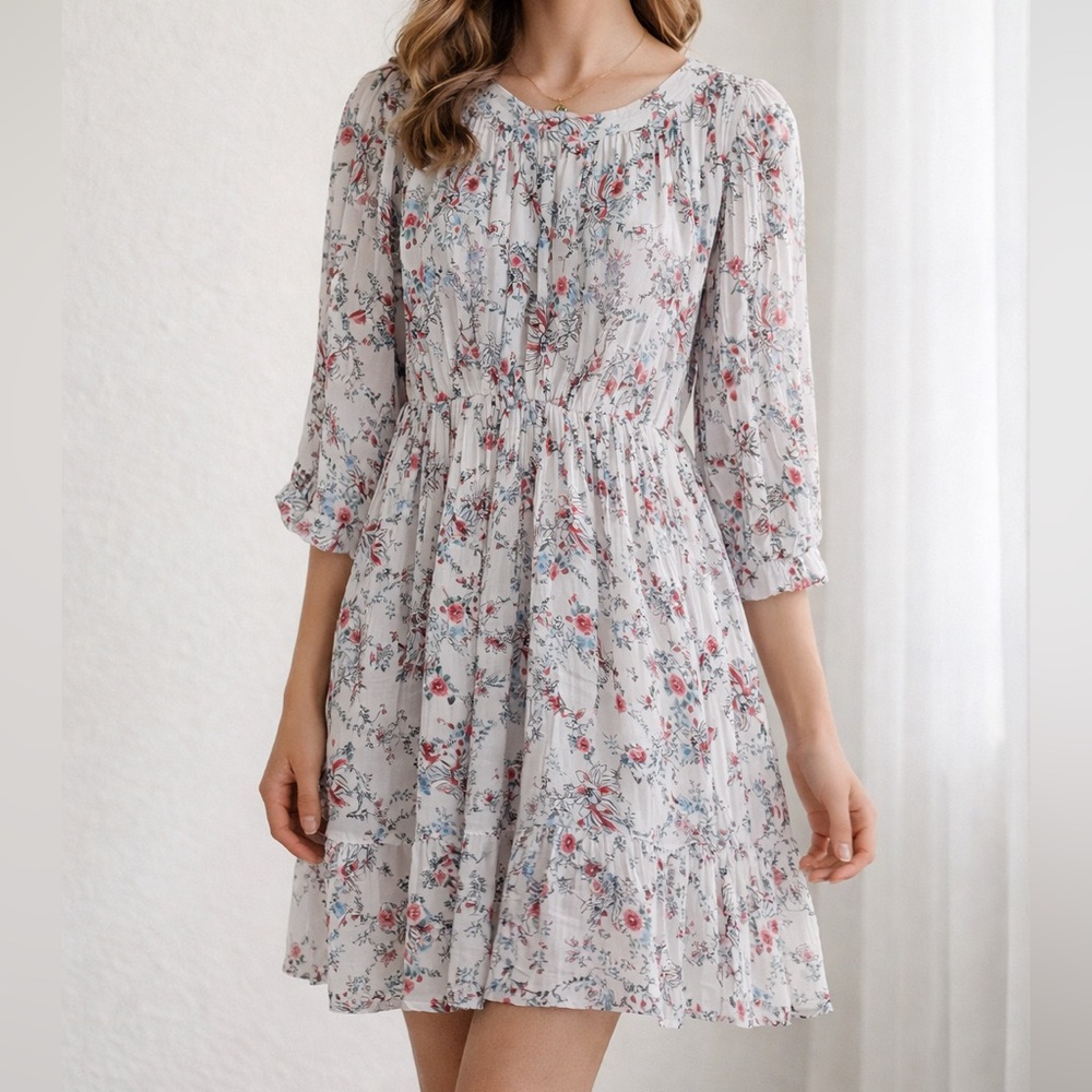 Anine Bing White Floral Mini Dress with Pink and Blue Accents